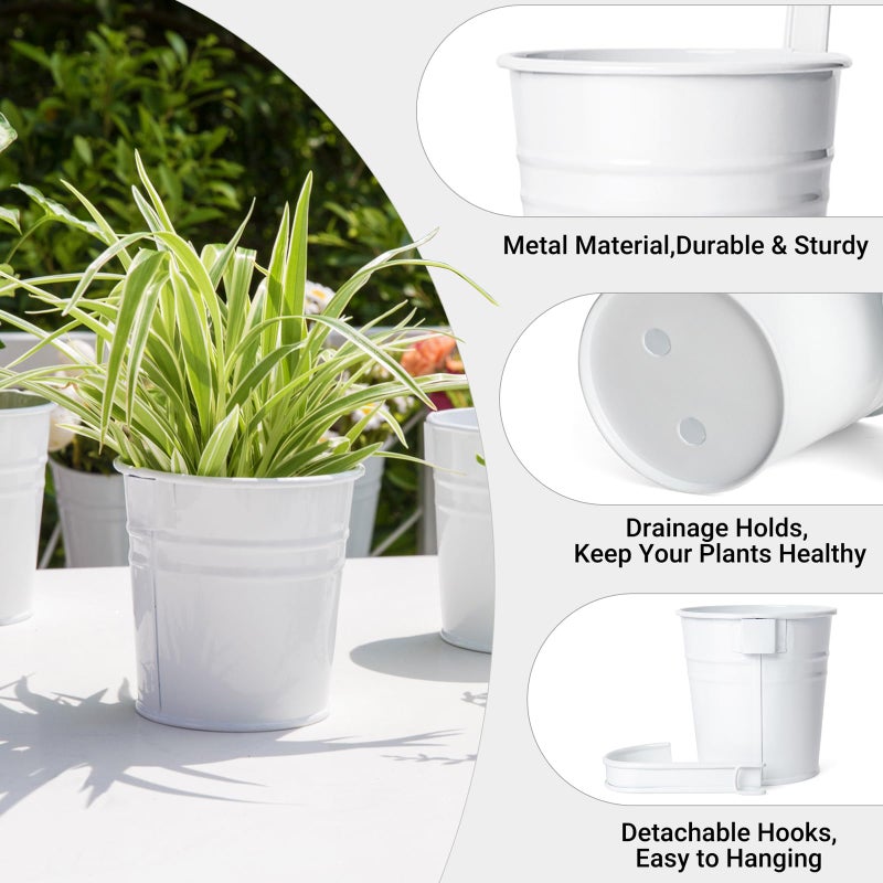 Dahey 10 Pcs Hanging Flower Pots Metal Iron Bucket Planter for Railing Fence Balcony Garden Home Decoration Flower Holders with Detachable Hooks, White, 4 Inches - Image 3